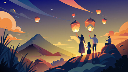 Naklejka premium Enchanting Evening Landscape with Family Watching Hot Air Balloons. Vector illustration for jewish holiday Tu B' av