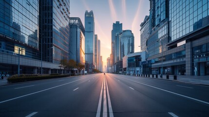 Fototapeta premium A panoramic view of a modern business district at dawn, with empty streets and high-rise buildings, signifying potential and undiscovered markets, with generous copy space or blank space