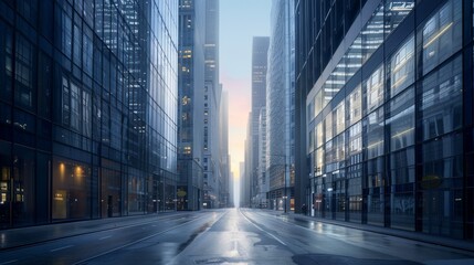 A panoramic view of a modern business district at dawn, with empty streets and high-rise buildings, signifying potential and undiscovered markets, with generous copy space or blank space