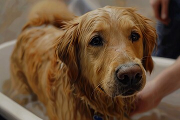 Close-up of a wet Golden Retriever looking serene during bath time, capturing a moment of pet care