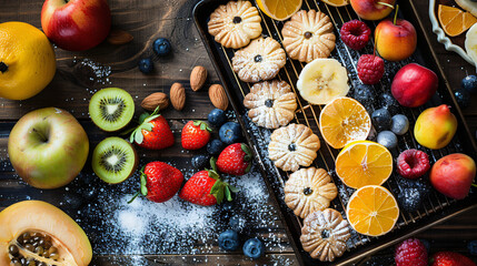 Tray with tasty cookies fresh fruits and sugar powder