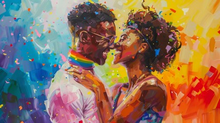 Couple smiling and embracing, wearing rainbow accessories, surrounded by colorful confetti and an abstract background.