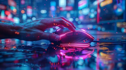 A gamer's hand on a neon-lit mouse, with a high-speed action game reflected in their eyes.