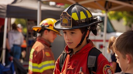 Firefighter Community Outreach: At a local event, firefighters engage with the community, educating the public about fire safety and demonstrating firefighting equipment to build awareness and trust 