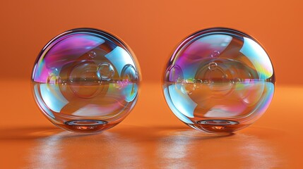   Two glass vases atop an orange table with a person's reflection in the glass