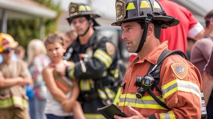 Firefighter Community Outreach: At a local event, firefighters engage with the community, educating the public about fire safety and demonstrating firefighting equipment to build awareness and trust 