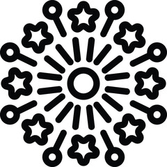 Black and white graphic of a symmetrical circular pattern featuring star shapes and key silhouettes