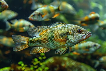 Obraz premium Tilapia swimming in a freshwater pond, representing aquaculture. 