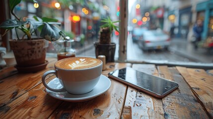 digital nomad essentials, in a coworking space, essentials for remote work coffee cup and smartphone on a table, tools for digital nomads