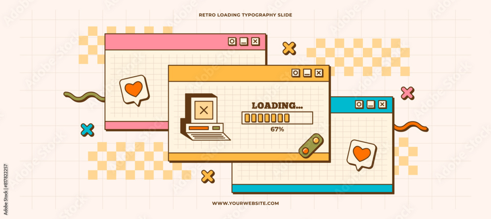 Poster 70s retro old computer background. loading bar process. loading in progress. cute nostalgic vector e