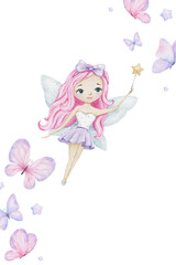 Cute little fairy with a magic wand and light blue wings. Isolated watercolor illustration. For kid's goods, clothes, postcards, baby shower and children's room
