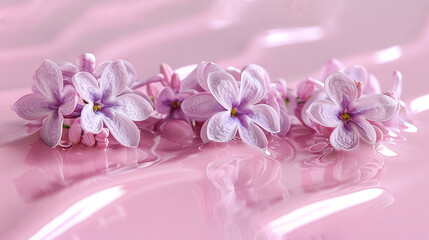   A cluster of lavender blossoms resting on a rose-hued work surface beside an ivory vase brimming with liquid