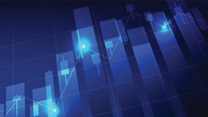 candlesticks and bar graph on blue background. stock market and financial investment concept