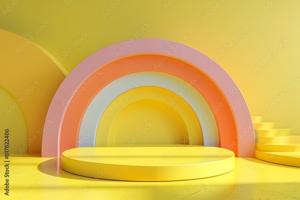 Poster vibrant 3d podium stage with geometric shapes and rainbow backdrop for product display and