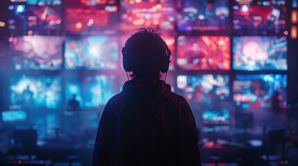 A gamer's silhouette against a backdrop of neon lights and multiple screens displaying fast-paced games.