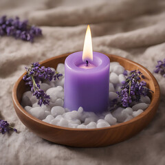 Obraz na płótnie Canvas A meditation candle glows on a wooden dish surrounded by stones and lavender, creating a serene Zen ambiance. Perfect for inspiring a deeply spiritual meditative session