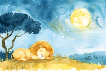 Peaceful Nighttime Safari Sleeping Lion Mother and Cub Under Starry Sky