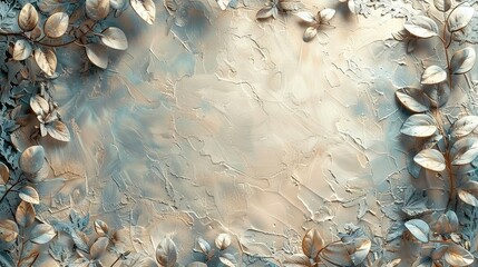   A painting of leaves and flowers on a blue and beige background with space for text or image