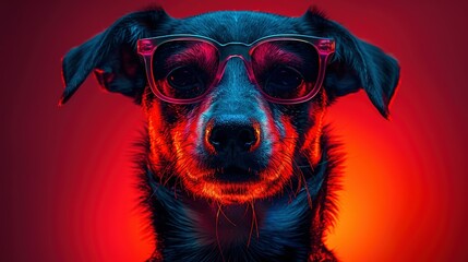   A photo of a dog with magnifying glasses and red light illuminating its face from behind
