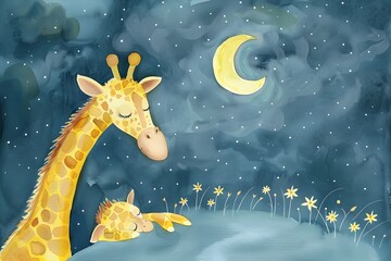 Nighttime Safari Slumber Cozy Watercolor of Giraffe Mother and Baby Sleeping Under a Starry Sky