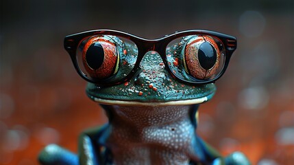   A photo of a frog with glasses, cropped close-up, and a blurry background behind its head