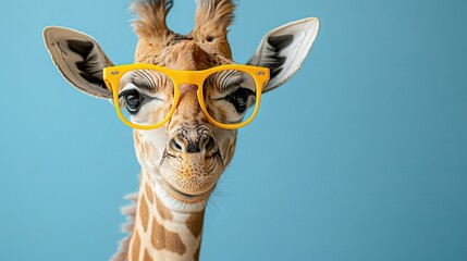  A giraffe wearing yellow glasses gazes into the camera against a blue backdrop