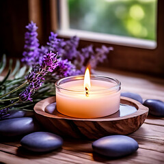Obraz na płótnie Canvas A meditation candle glows on a wooden dish surrounded by stones and lavender, creating a serene Zen ambiance. Perfect for inspiring a deeply spiritual meditative session