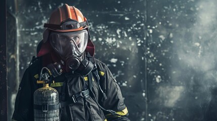Naklejka premium Firefighter in Full Gear: Dressed in full firefighting gear, a firefighter prepares to enter a burning building, equipped with an oxygen tank, helmet, and protective clothing 