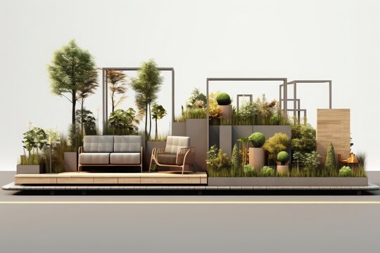 Parklet design flat design side view small urban parks theme monochromatic color scheme