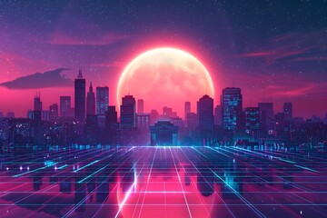 Futuristic Neon Cityscape in Synthwave Retro Style