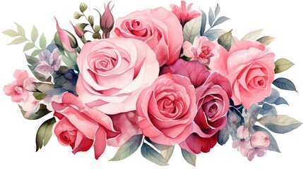 Romantic watercolor painting of a bouquet of roses in shades of red, pink, and peach, tied with a satin ribbon
