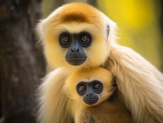 Obraz premium Yellow cheeked gibbon monkey mother and baby picture
