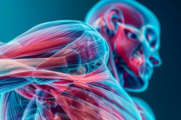 Detailed 3D X Ray Visualization of Painful Muscle Area with Striking Blue and Red Contrast