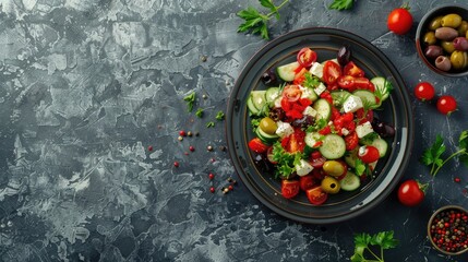 A colorful dish of salad made with fresh tomatoes, cucumbers, olives, and feta cheese displayed on a table AIG50