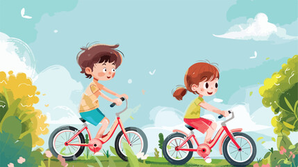 Cute children riding bicycles outdoors Vector style view