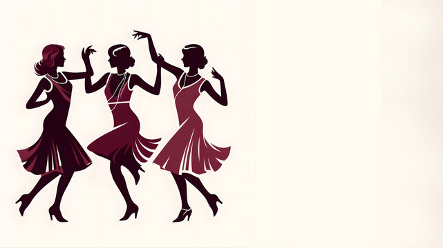 Charleston party. Dancing girls silhouette. Gatsby style set. Group retro woman dancing charleston. Vintage style, retro silhouette dancer.1920 party swing dancing girls
