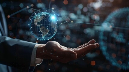 A visionary businessman extends his hand to a holographic globe, symbolizing cutting-edge global connectivity and the future of globalization. The holographic globe with digital data streams