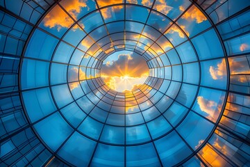 Naklejka premium Stunning Symmetrical View of Glass Building Against a Striking Sunset Sky