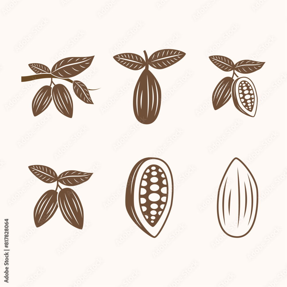 Poster cocoa icon set. cocoa beans, leaves isolated on white background.