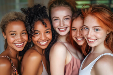 Group of happy teenage women with different skin tones smiling and hugging in a studio