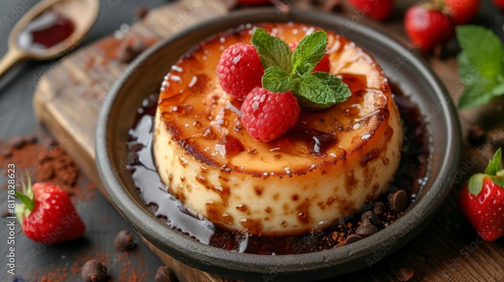 Poster dessert presentation, a tasty pudding adorns a wooden table, ideal for a summer treat