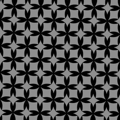 Seamless pattern of gray and black star-shaped flowers arranged in a row.