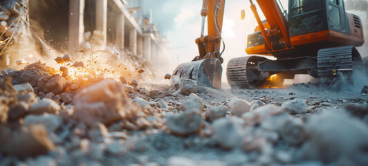 A powerful orange excavator in the background is digging rocks and debris from concrete