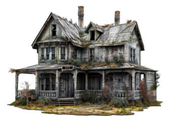 Victorian style abandoned house with detailed architecture, cut out - stock png.