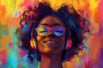 Colorful background with happy woman listening to music on headphones
