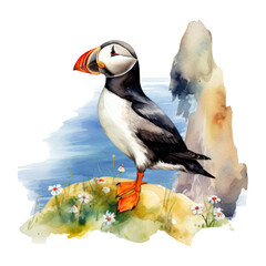 Naklejka premium Puffin, Bird Illustration. Watercolor Style. AI Generated
