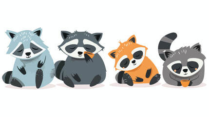 Cute funny raccoons Four. Slow lazy racoon characters