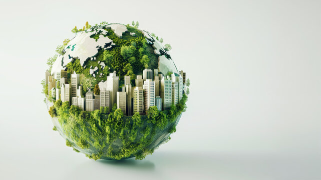 3D rendering of a sustainable eco-friendly living concept with a green urban area with buildings, parks, houses, rivers in the form of the globe, planet, Earth.