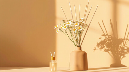 Vase with chamomiles and reed diffuser on table 