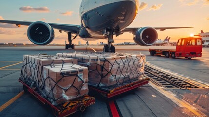 Air cargo logistic containers are loading to an airplane. Air transport shipment prepare for loading to modern freighter jet aircraft at the airport.